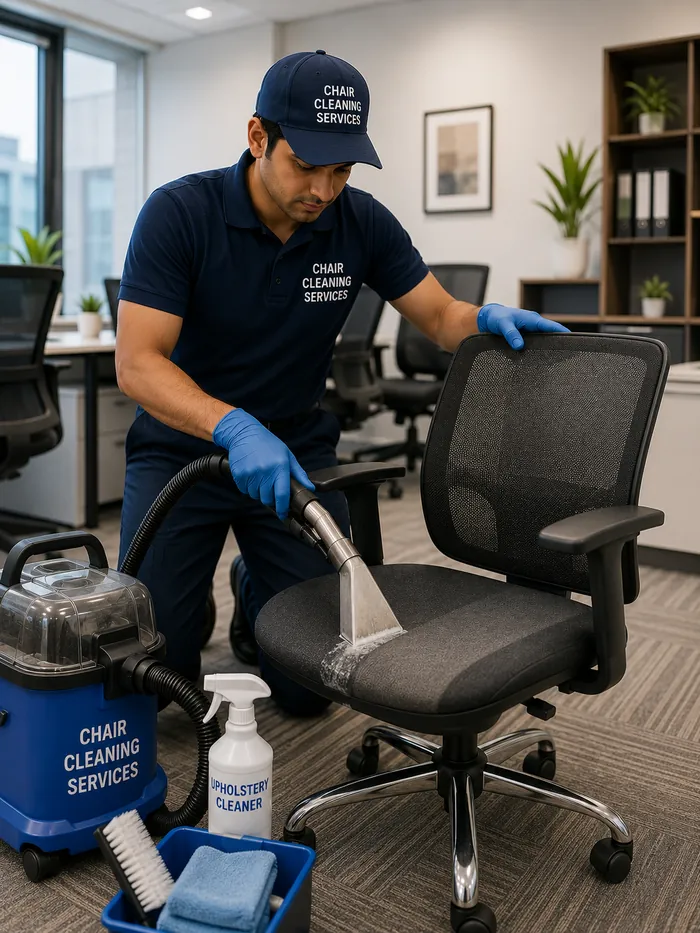 Chair Cleaning technician using a steam cleaning machine on an office chair