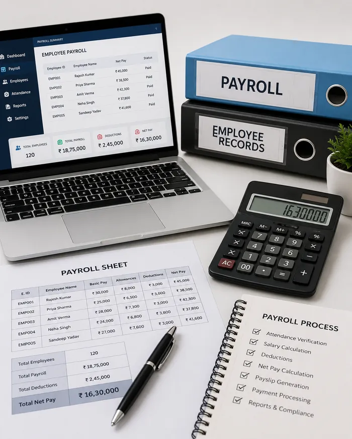  Payroll management team working on financial documents