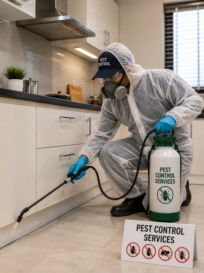 Pest Control technician in protective gear spraying a treatment