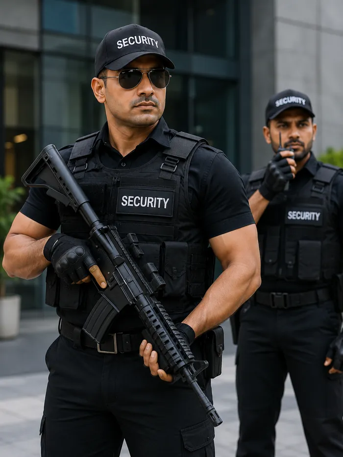 Armed security personnel monitoring a building entrance