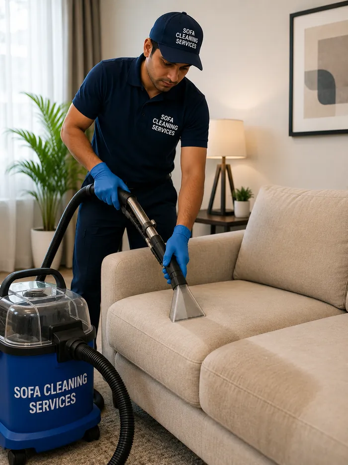 Sofa Cleaning technician using a steam cleaning machine on a sofa